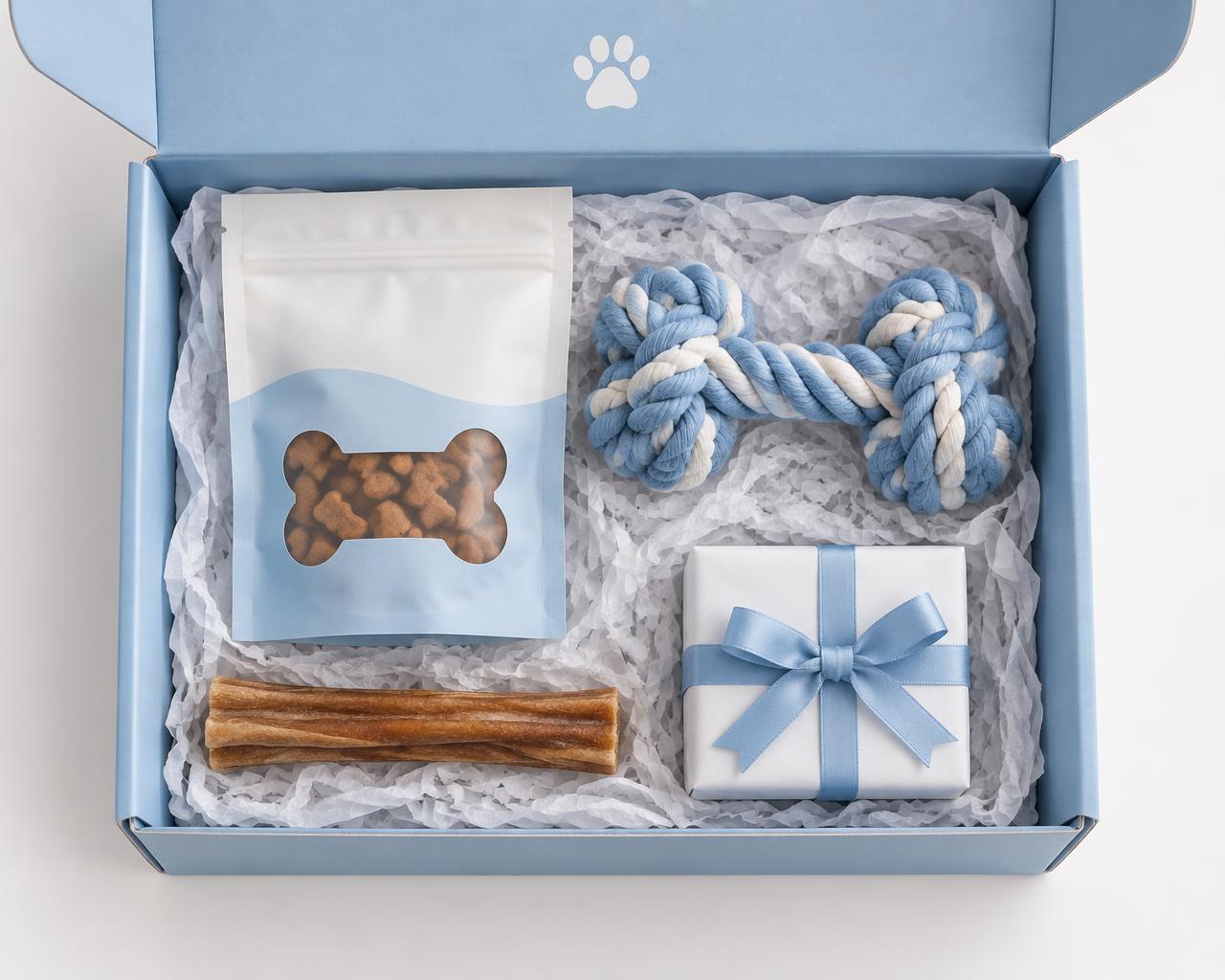 Open Prize Pups box with treats, a rope toy, a chew and a wrapped surprise